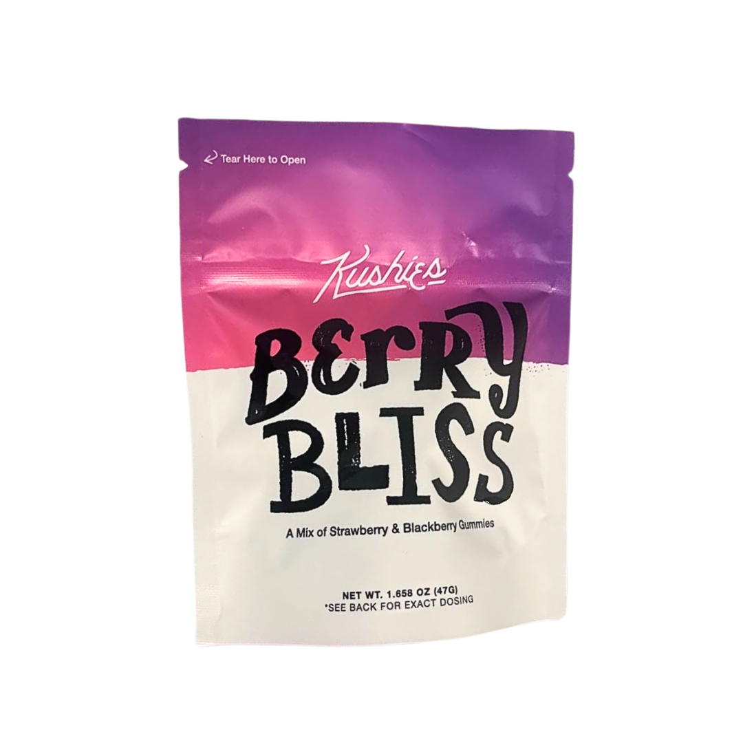 Kushies Berry Bliss Gummies — 100mg THC pack with strawberry and blackberry flavors. Shop THC edibles shipped fast from Consider It Flowers.
