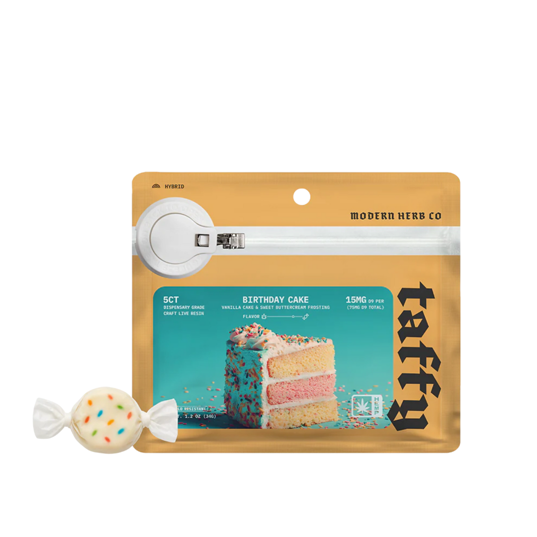 Modern Herb Birthday Cake hybrid taffy 5ct with live resin. Buy THC edibles online with fast shipping or Nashville delivery.
