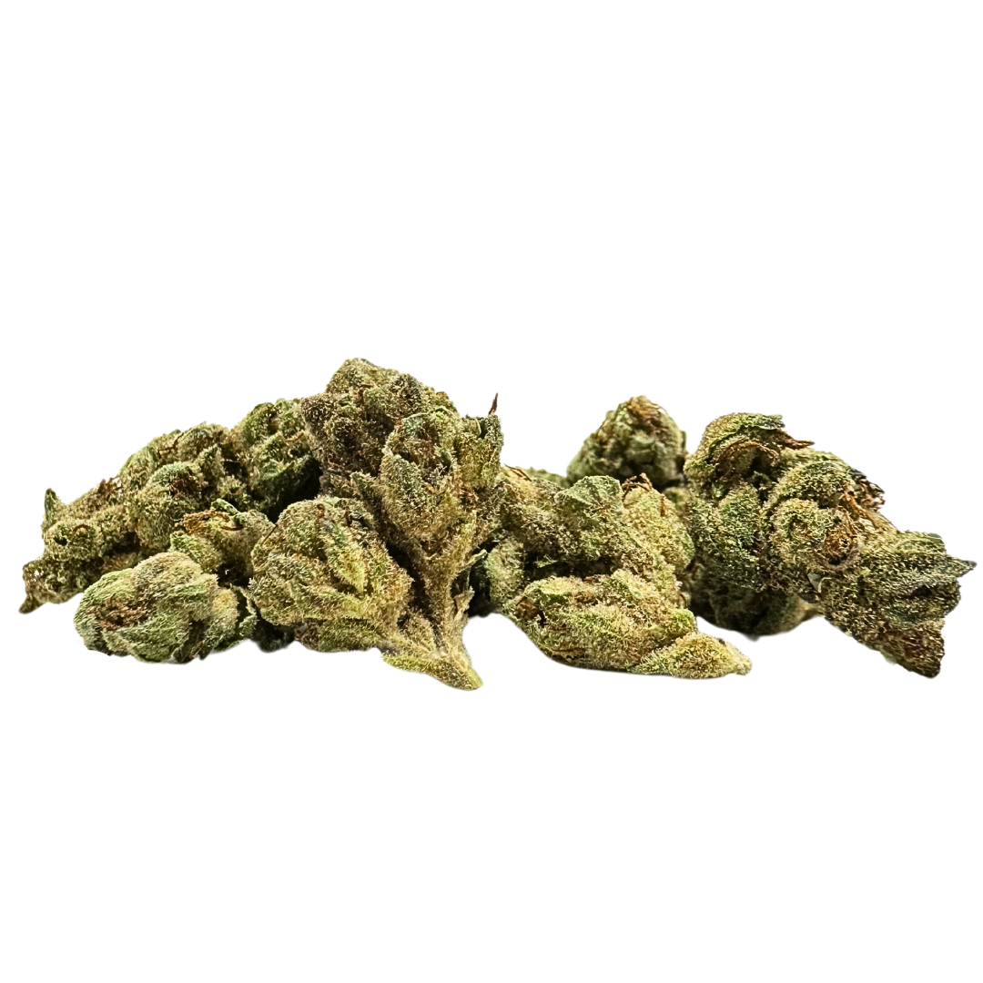 Premium Smalls Black Garlic Gelato THCA flower showing dense lime-green buds with crystalline trichomes.  