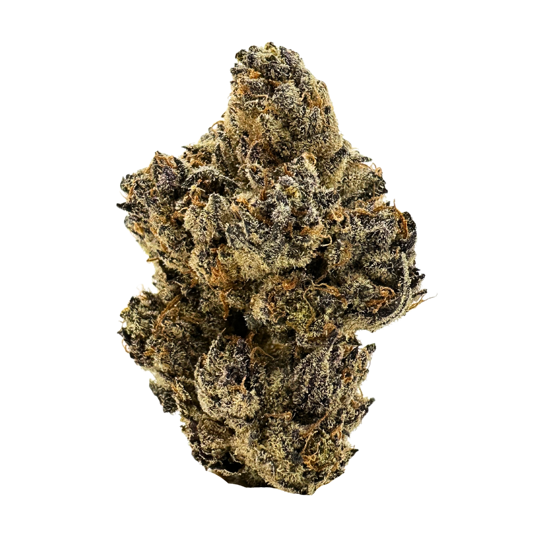 Close-up of frosty Blackwater OG indica strain nug with purple leaves, orange hairs, and trichomes – shop premium THCa flower now.