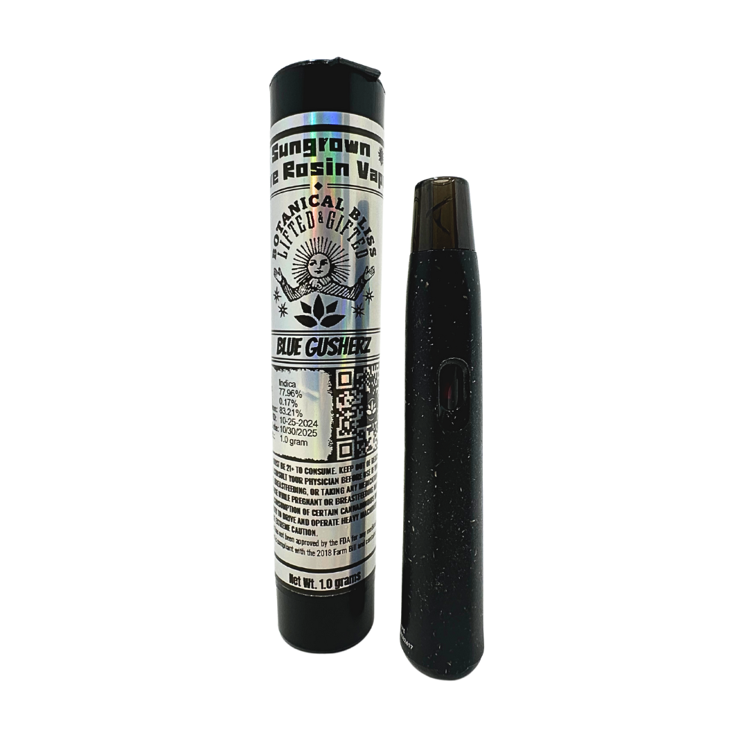 Blue Gusherz Indica Live Rosin Vape. 1G 90u live rosin cart with sweet blueberry candy flavor and full-body relaxing effects.