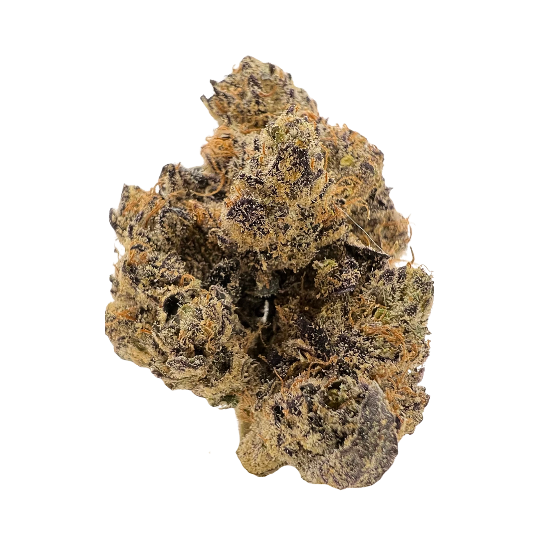 Blue Nerdz indica strain with blueberry-apple aroma, frosty purple-tinted buds, and relaxing effects that start with a euphoric lift.