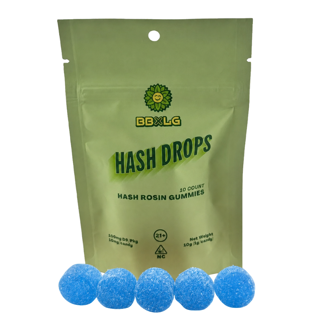 Blue Raspberry hash rosin gummies by BBXLG featuring 10 blue raspberry-flavored gummies infused with premium solventless hash rosin