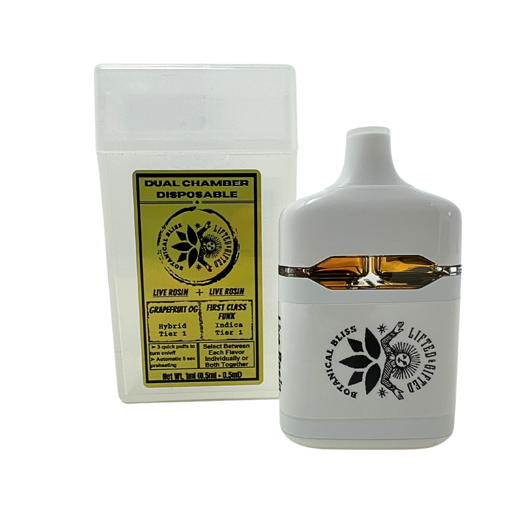 Dual Chamber Live Rosin Vape by Botanical Bliss x Lifted & Gifted featuring 1G of 90u Grapefruit OG and First Class Funk strains. Shop now.