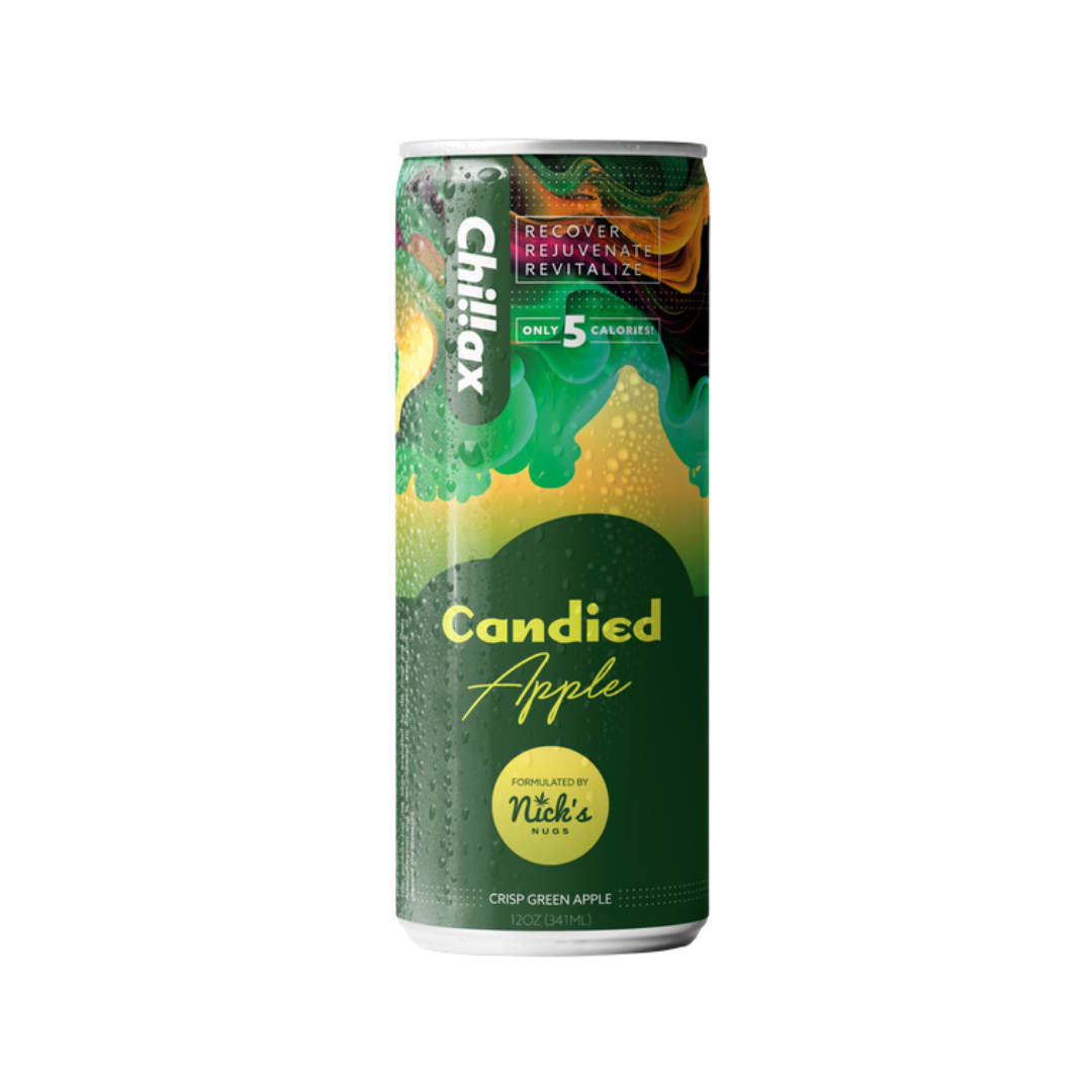 Nick’s Nugs Chillax Candied Apple Seltzer 4-Pack – hemp-infused fizzy drink with Delta-9 THC, CBD, and energizing ingredients.