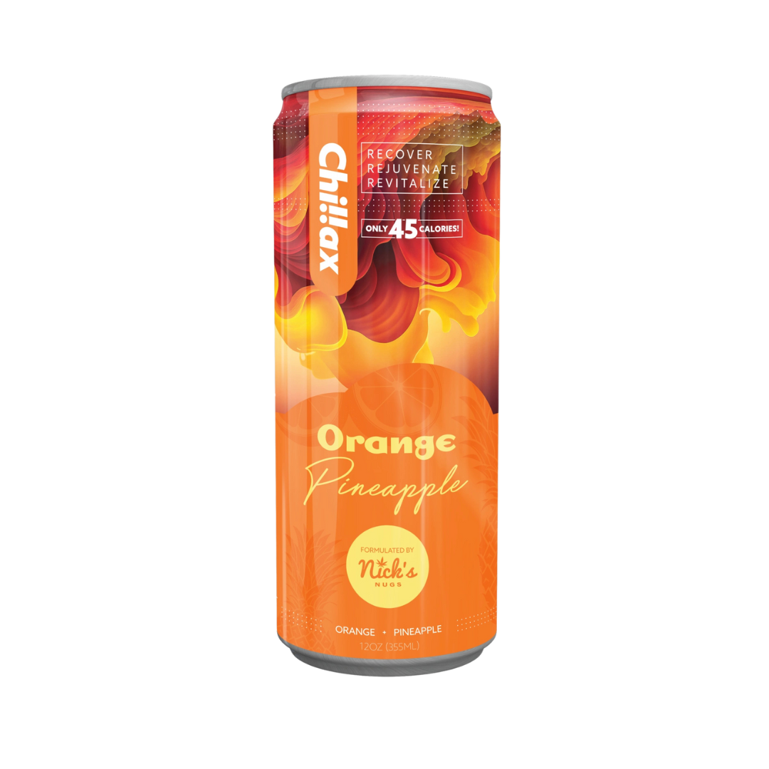 Chillax Orange Pineapple hemp drink with tropical citrus flavor, fast-acting Delta-9 THC, available online with fast shipping.