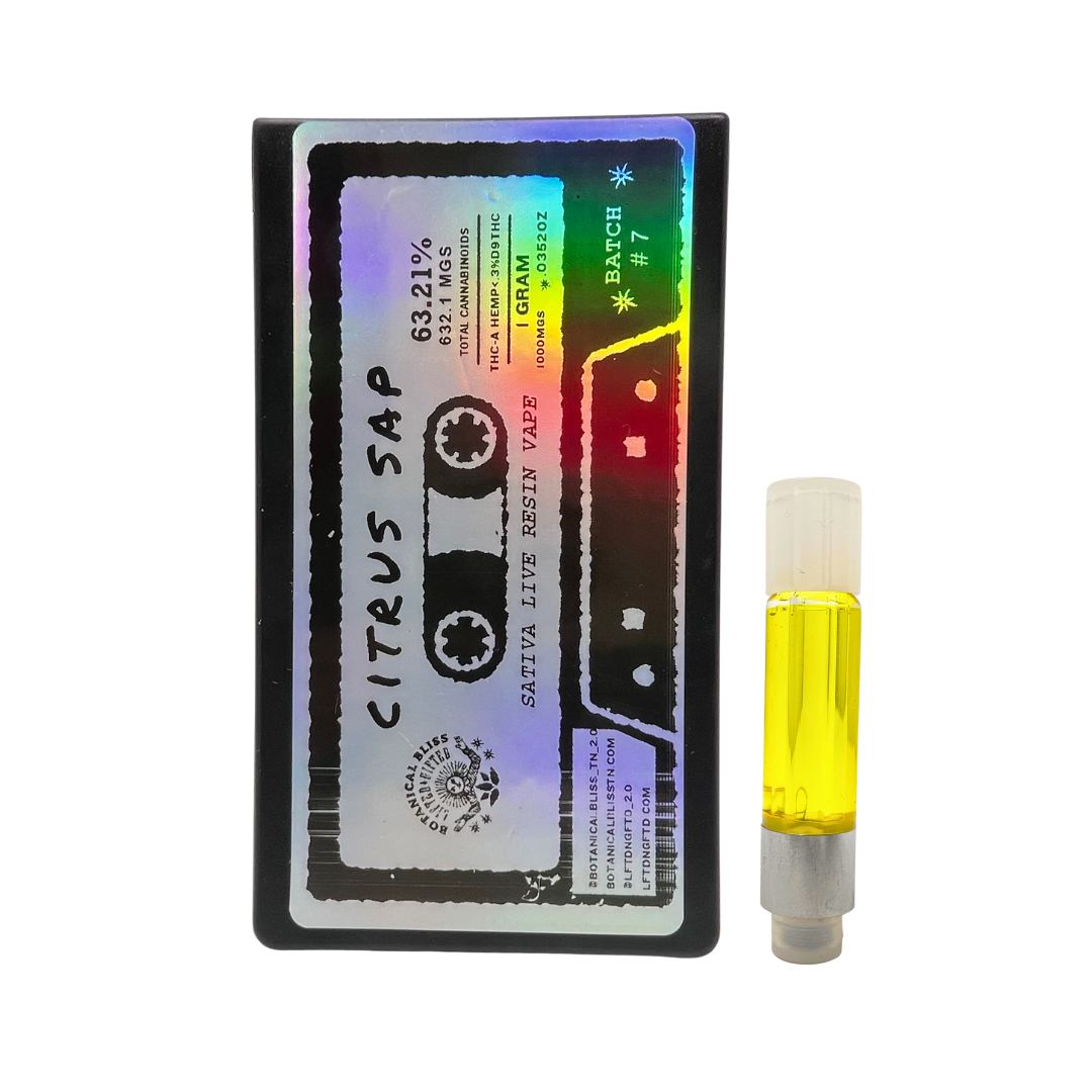 Citrus Sap 1G Live Resin THCa cartridge by Botanical Bliss x Lifted & Gifted – sativa strain citrus orange flavor. Get THCA carts shipped today.