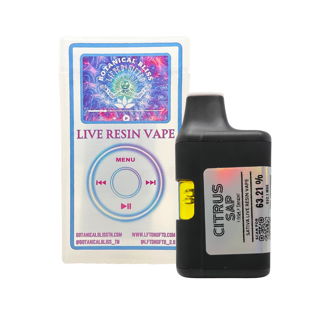 Citrus Sap 2G Live Resin THCa disposable vape by Botanical Bliss x Lifted & Gifted – sativa strain citrus orange flavor. Premium vapes shipped fast.