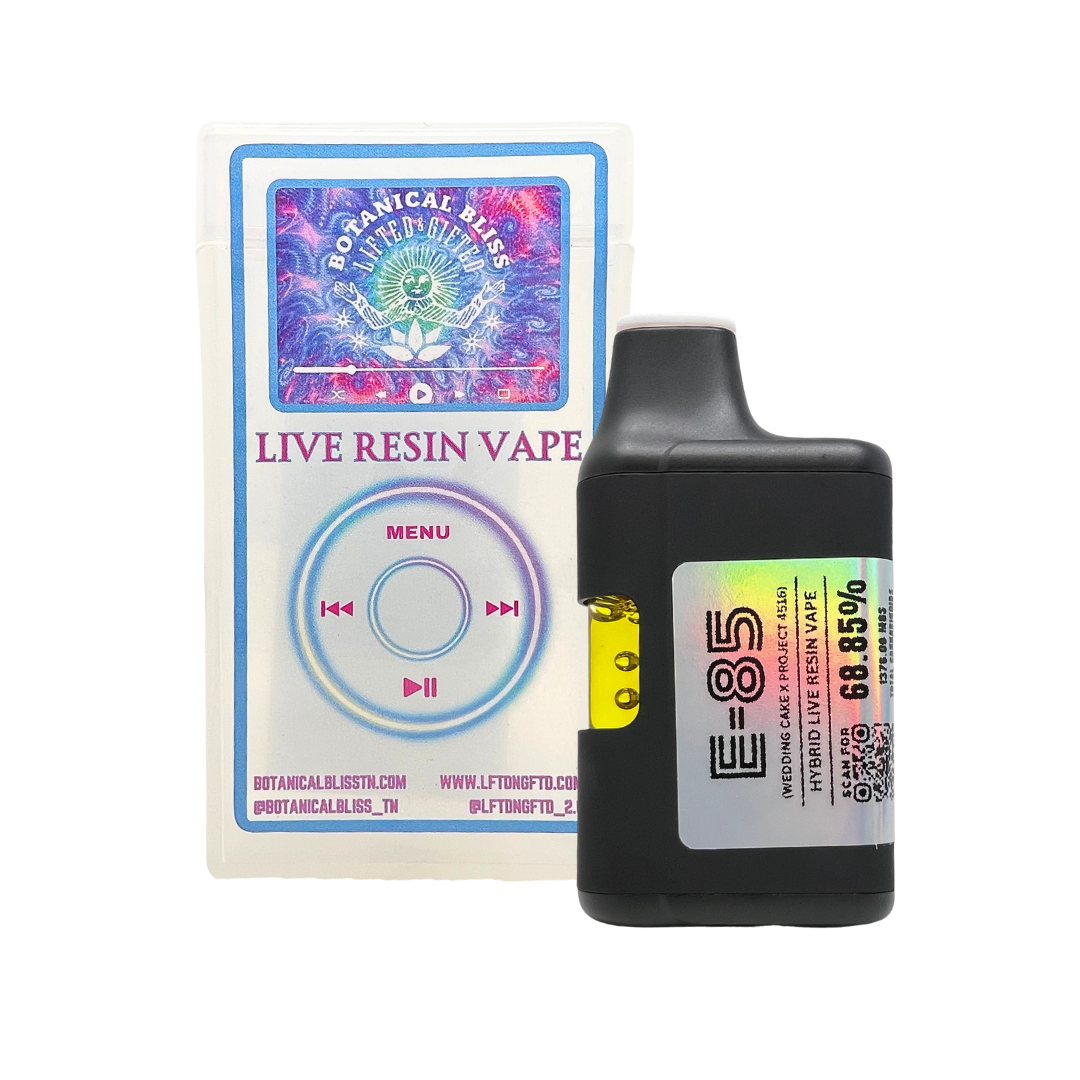 E-85 2G Live Resin THCa disposable vape by Botanical Bliss x Lifted & Gifted – hybrid strain fruity vanilla flavor. Premium vapes shipped fast.