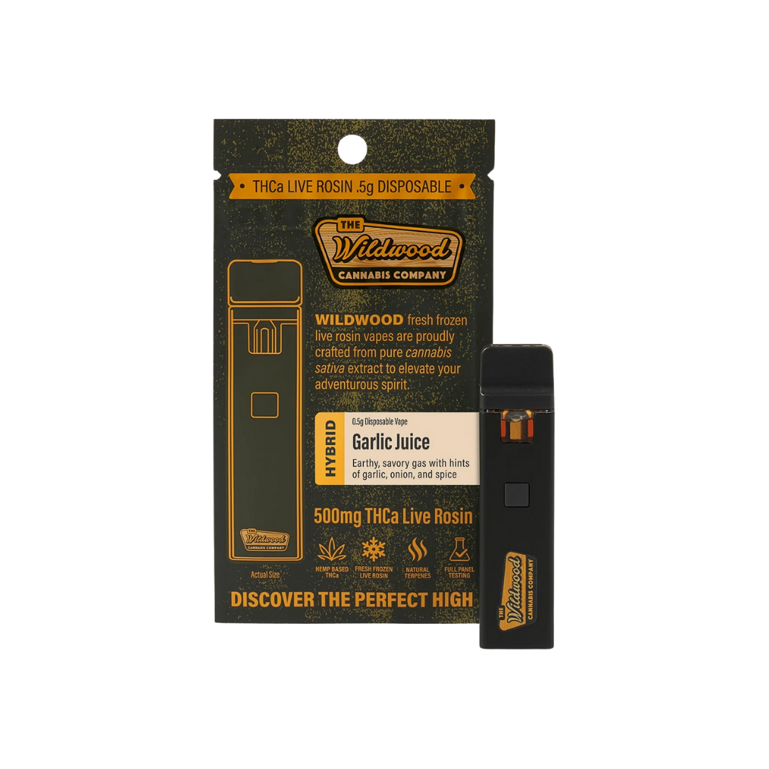 Garlic Juice .5G THCa live rosin disposable by Wildwood with savory garlic gas flavor. Shop rosin vapes online with shipping and Nashville delivery.