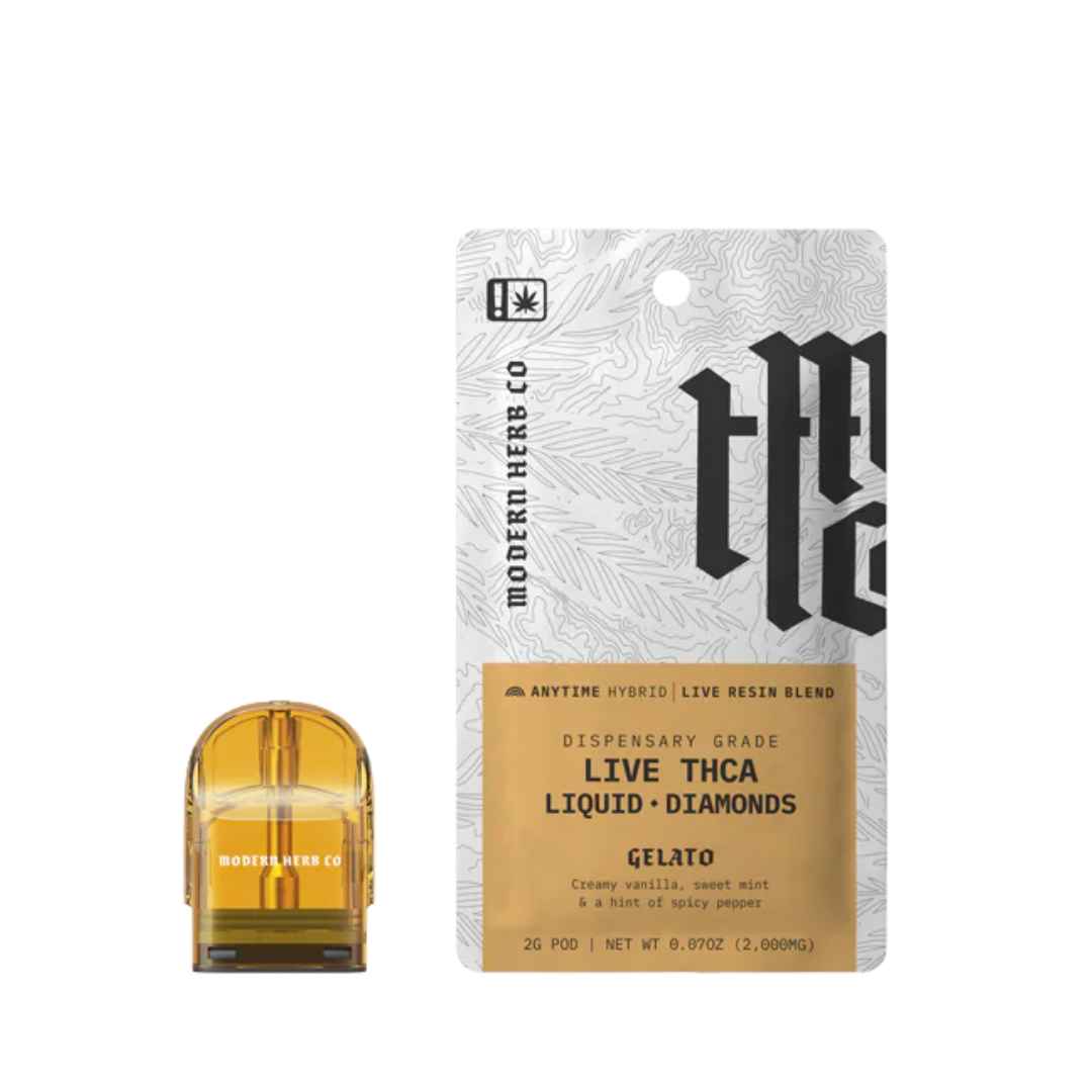 Modern Herb Co Gelato Hybrid Liquid Diamonds 2G pod refill with real live resin. Creamy vanilla, mint, and pepper flavor profile.