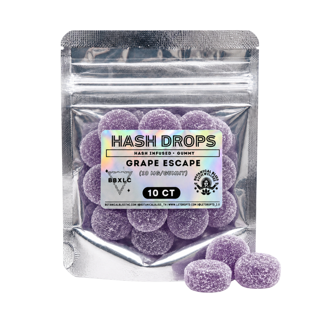 Grape Escape hash rosin gummies by BBXLG featuring 10 grape-flavored gummies infused with premium solventless hash rosin