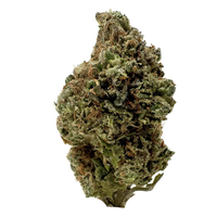 Gusher premium indica THCa flower featuring dense frosty buds coated in sparkling trichomes with vibrant green coloration and exceptional indoor-grown bag appeal.