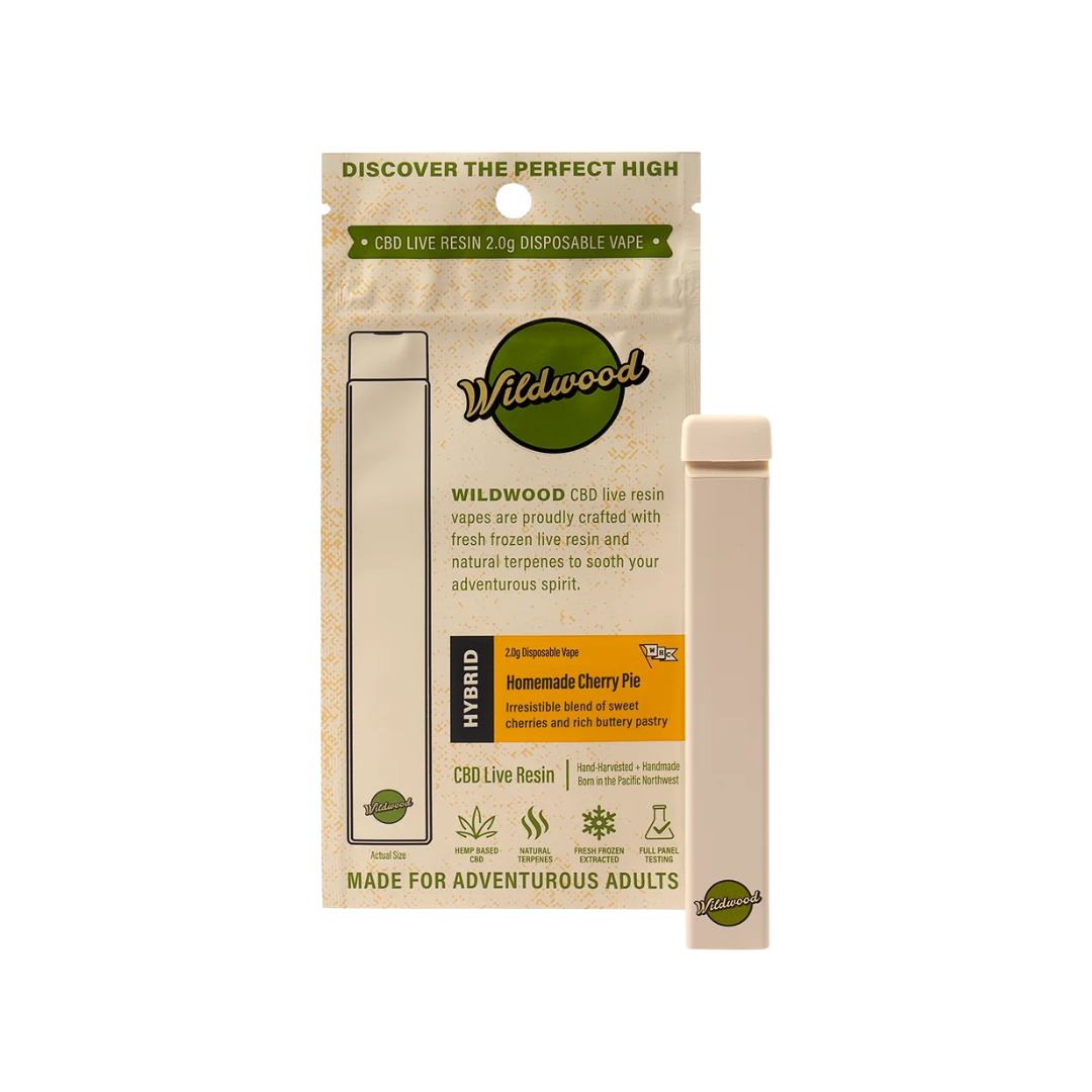 Homemade Cherry Pie CBD Live Resin 2G Vape by Wildwood — hybrid disposable with rich cherry flavor. CBD Vapes ships fast nationwide.