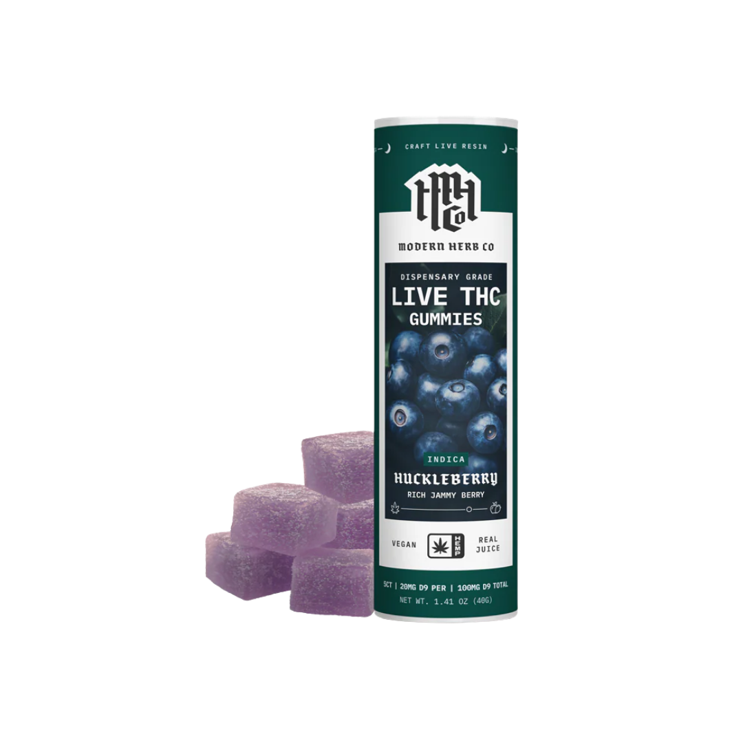 A bottle of Huckleberry Live Resin Delta 9 Gummies by Modern Herb Co with three gummy candies in front, against a white background available at Consider It Flowers. 