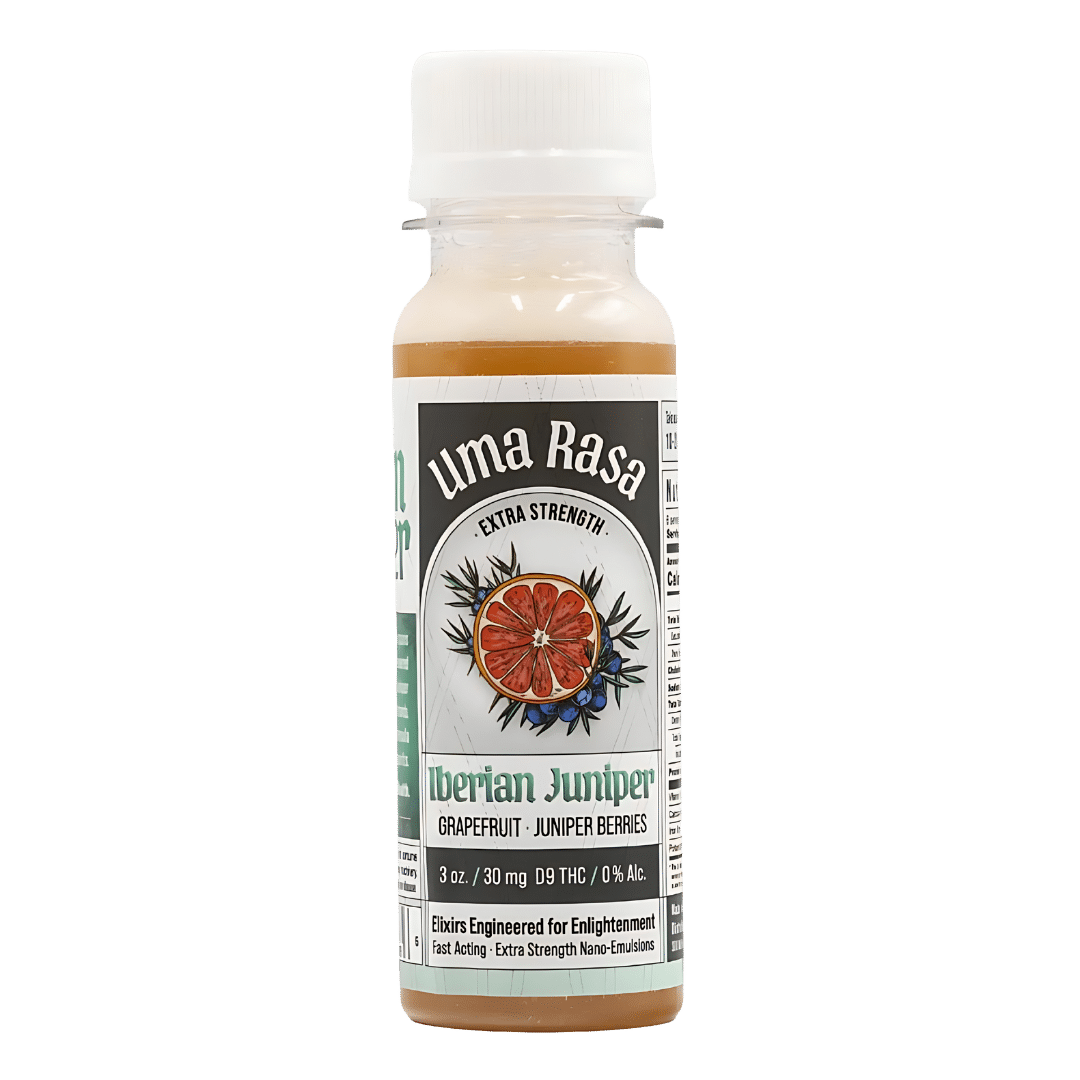 Uma Rasa's Iberian Juniper shot: 30mg THC, grapefruit, juniper flavors. Crafted by Perfect Plant. Fast delivery by Consider It Flowers.