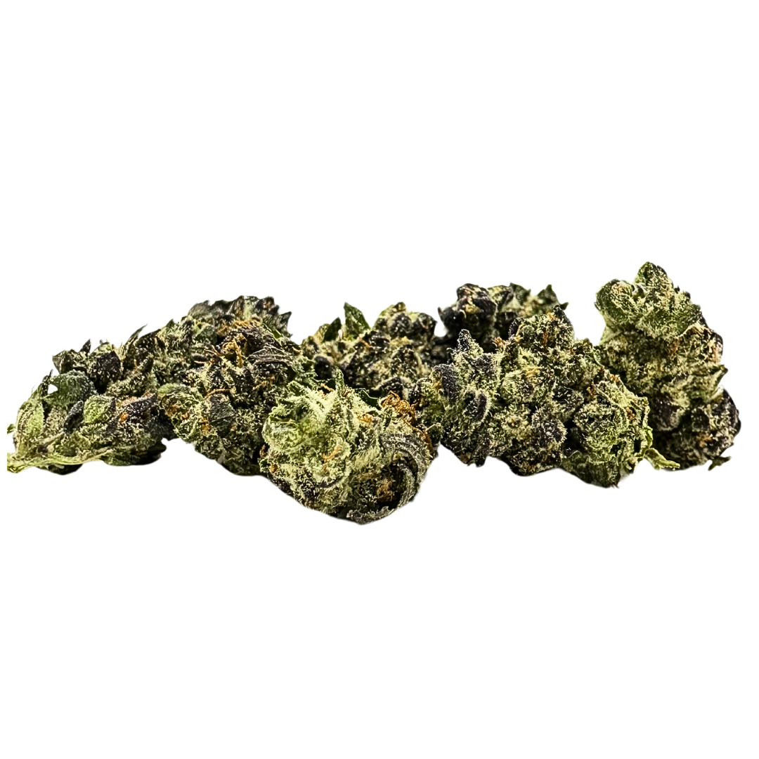 Premium Smalls Ice Cream Cake THCA flower showing dense forest-green buds with crystalline trichomes.  