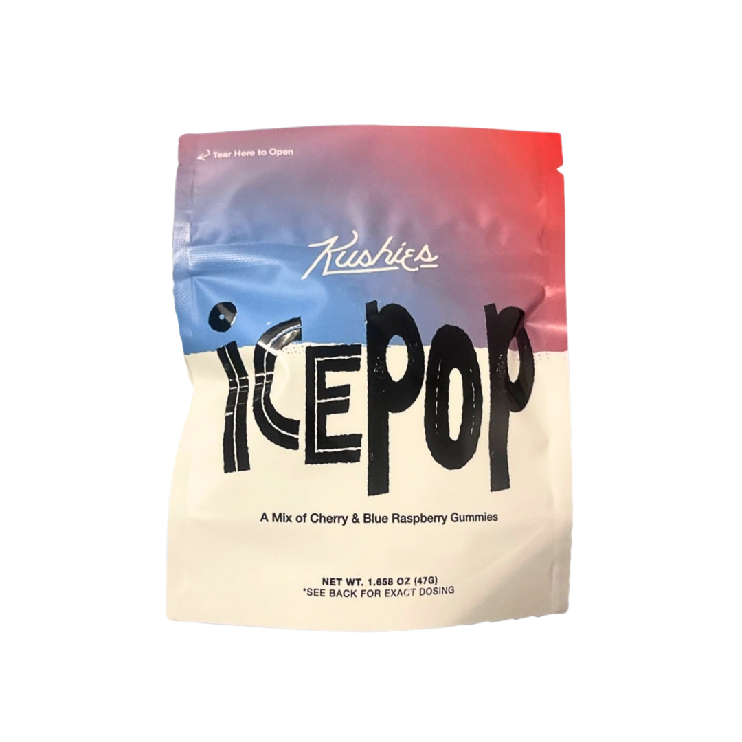 Kushies Ice Pop Gummies — 100mg THC pack with cherry and blue raspberry flavors. Shop THC edibles shipped fast from Consider It Flowers.