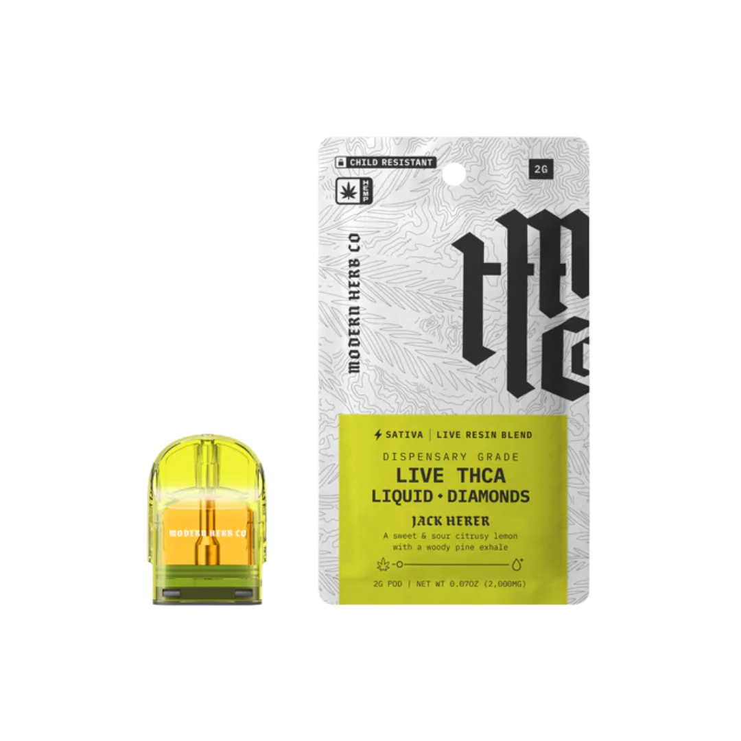 Jack Herer 1G Live Resin Liquid Diamonds Pod Refill by Modern Herb Co – citrus lemon flavor, woody pine exhale, and focused sativa effects.
