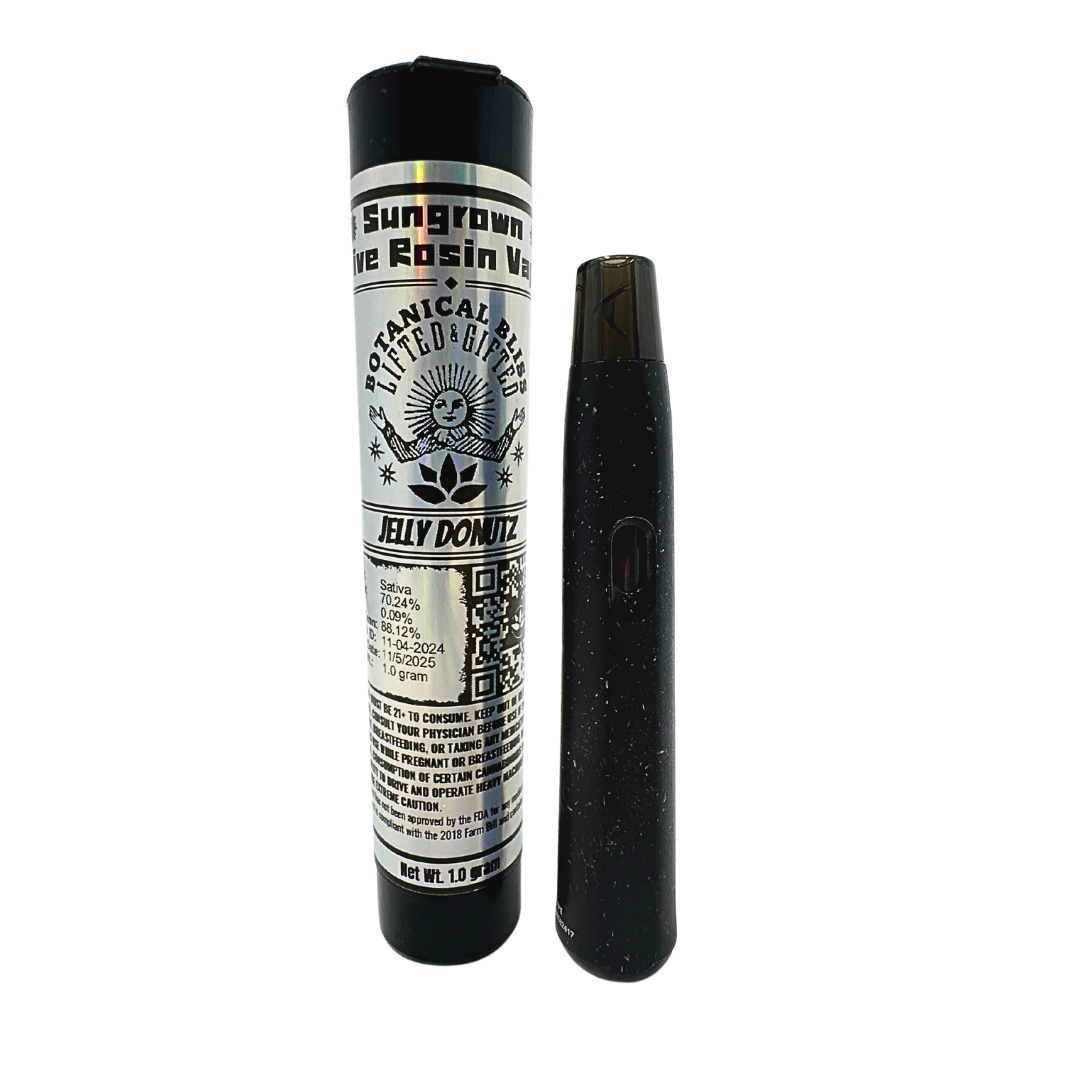 Shop Jelly Donutz Sativa Live Rosin Vape. 1G of sungrown 90u rosin in a biodegradable hemp cart for clear-headed, creative energy.