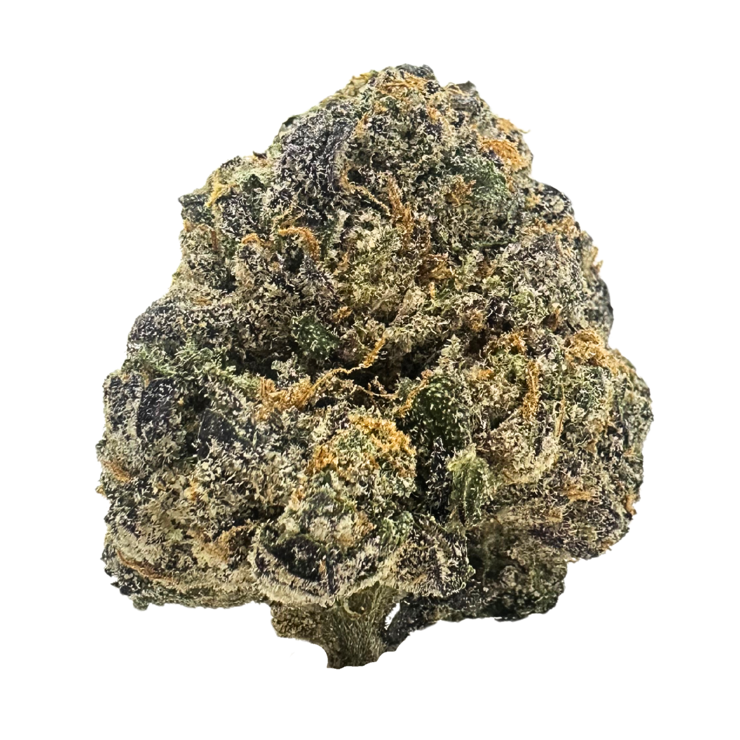 Karmel Kandy strain has forest green and purple buds with caramel-colored hairs, coated in trichomes, and a rich, buttery caramel aroma.