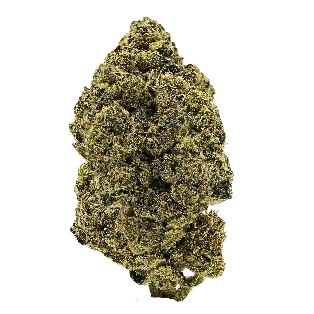 Kill Bill strain features dark olive and purple buds, sticky trichomes, and a bold skunky-pine aroma with sweet, floral, and spicy notes.