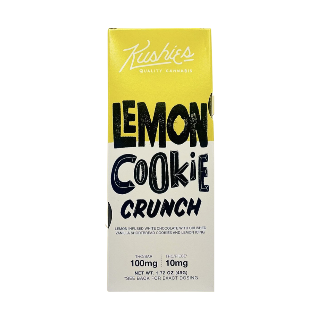 Refresh your day with Kushie’s Lemon Cookie Crunch Chocolate Bar—100 mg THC in 10 white chocolate squares infused with zesty lemon and cookies. 