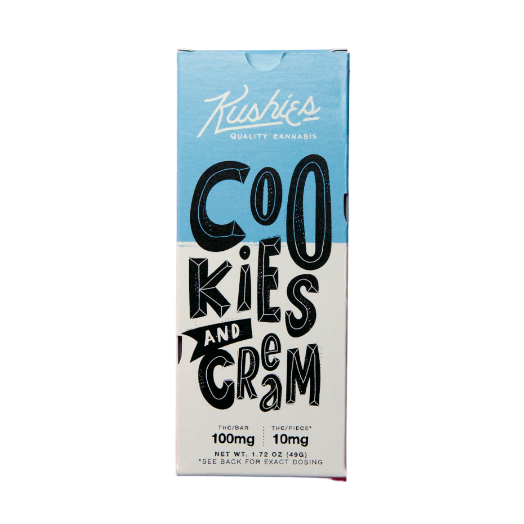 Kushie’s Cookies & Cream Cannabis Chocolate Bar Edible – white chocolate loaded with crunchy cookie bits, 100 mg THC.