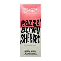 Kushies Razzzberry Sherbet 100MG THC white chocolate bar with sherbet flavor and freeze-dried raspberries. Available at Consider It Flowers.