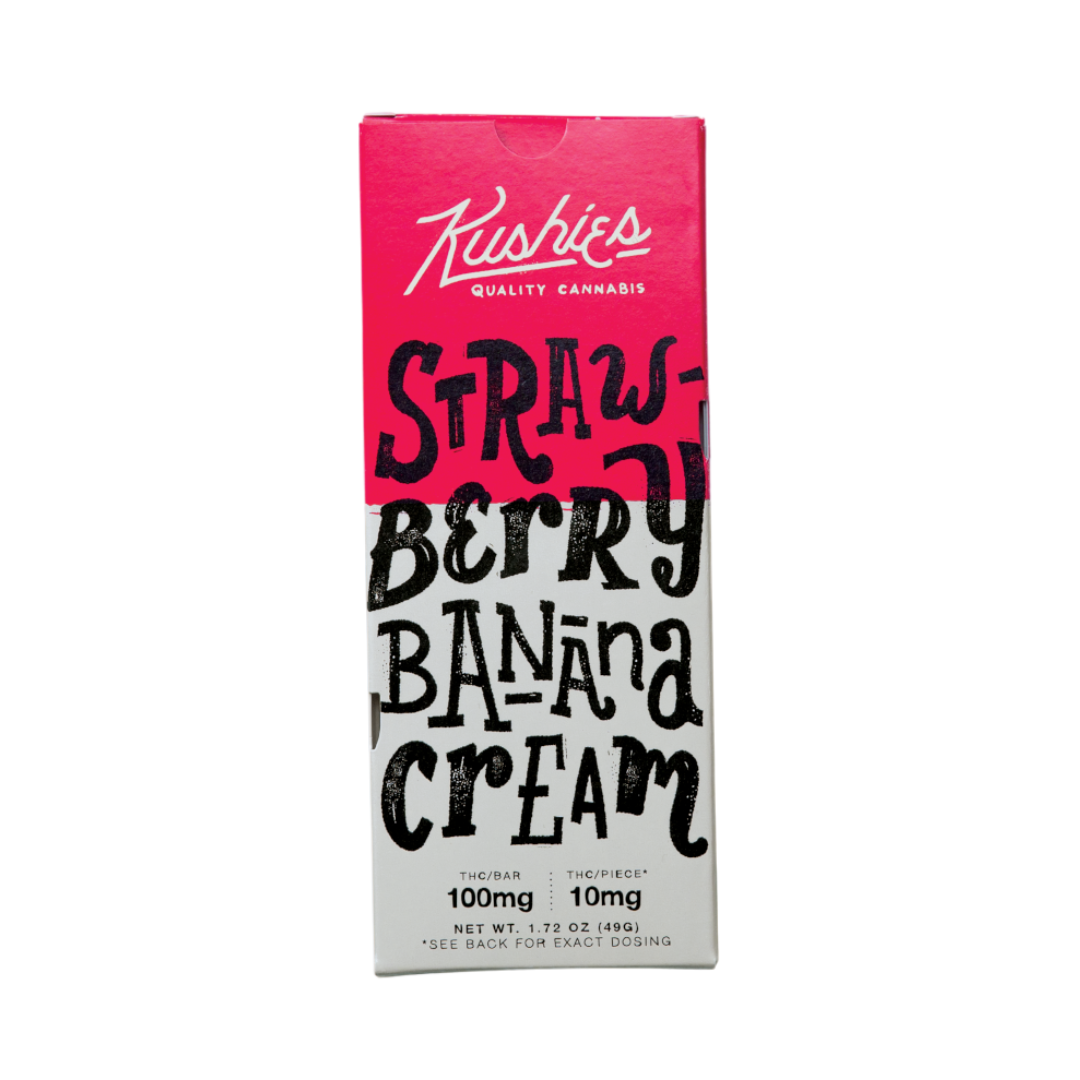 Kushie’s Strawberry Banana Cream Cannabis Chocolate Bar – white chocolate flavored with strawberry and banana, 100 mg THC availabe now at Consider It Flowers. 