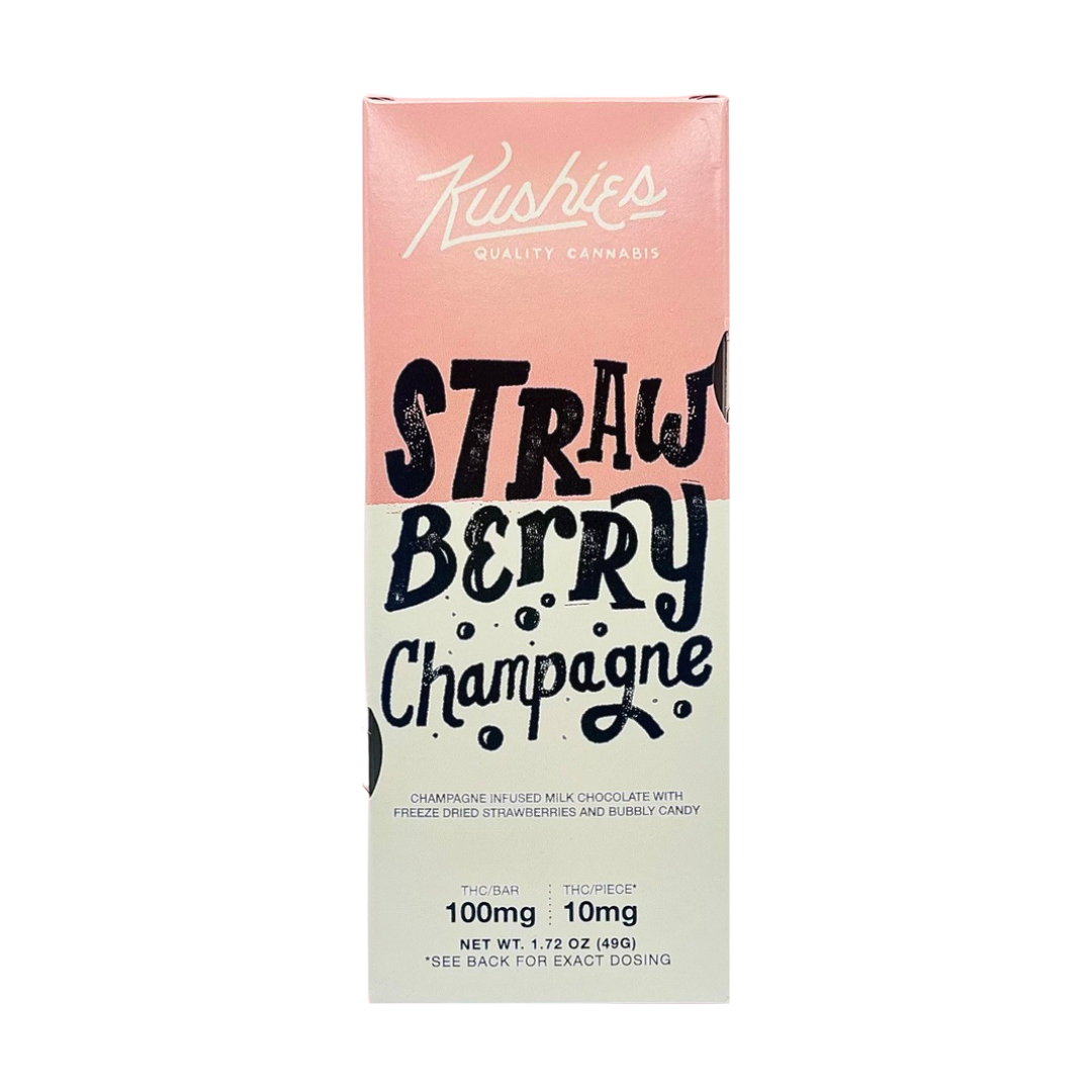 Strawberry Champagne Chocolate Bar by Kushie’s with popping candy, strawberries, gold dust, and 100mg THC – shop now at Consider It Flowers.