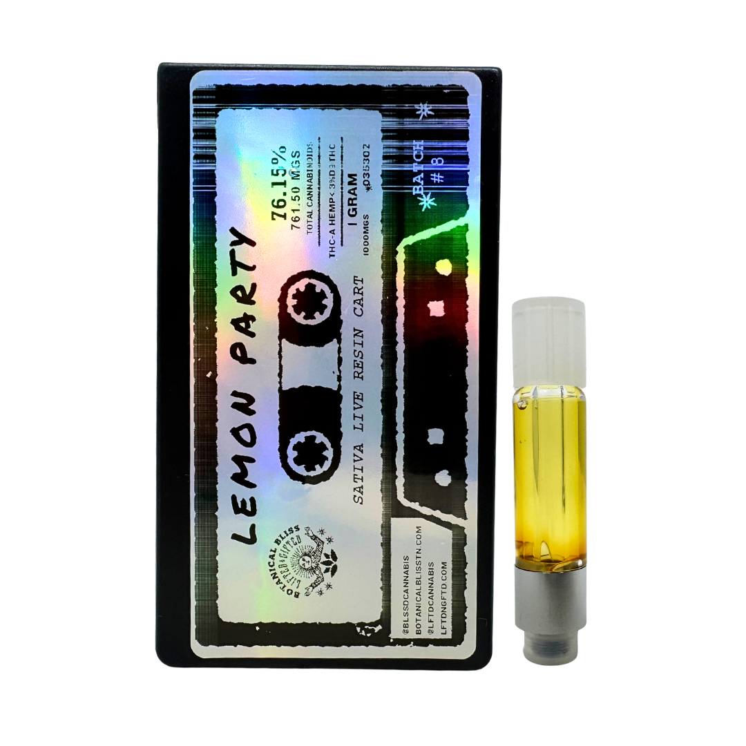 Lemon Party THCa sativa 1G live resin cartridge with bright citrus flavor, uplifting effects, buy online fast shipping