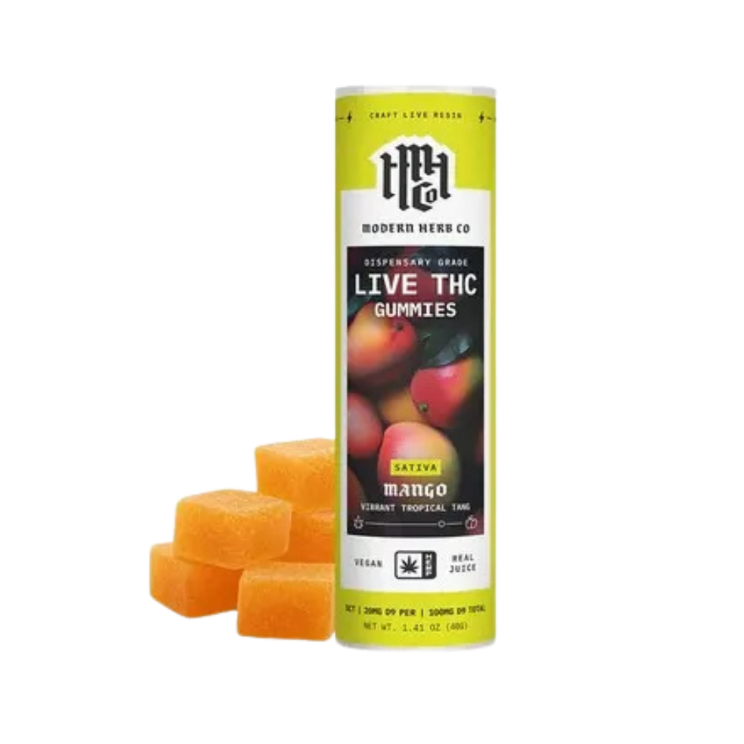 Modern Herb Co. Mango Sativa Live Resin Gummies – 20mg THC each, uplifting daytime clarity with tropical mango flavor. Shop now.