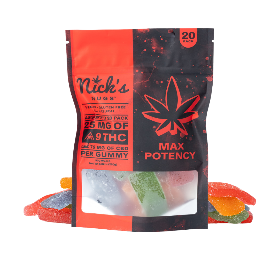 Nick's Nugs Max Potency Gummies with 25MG Delta-9 THC. Edibles available for fast free nationwide shipping. 