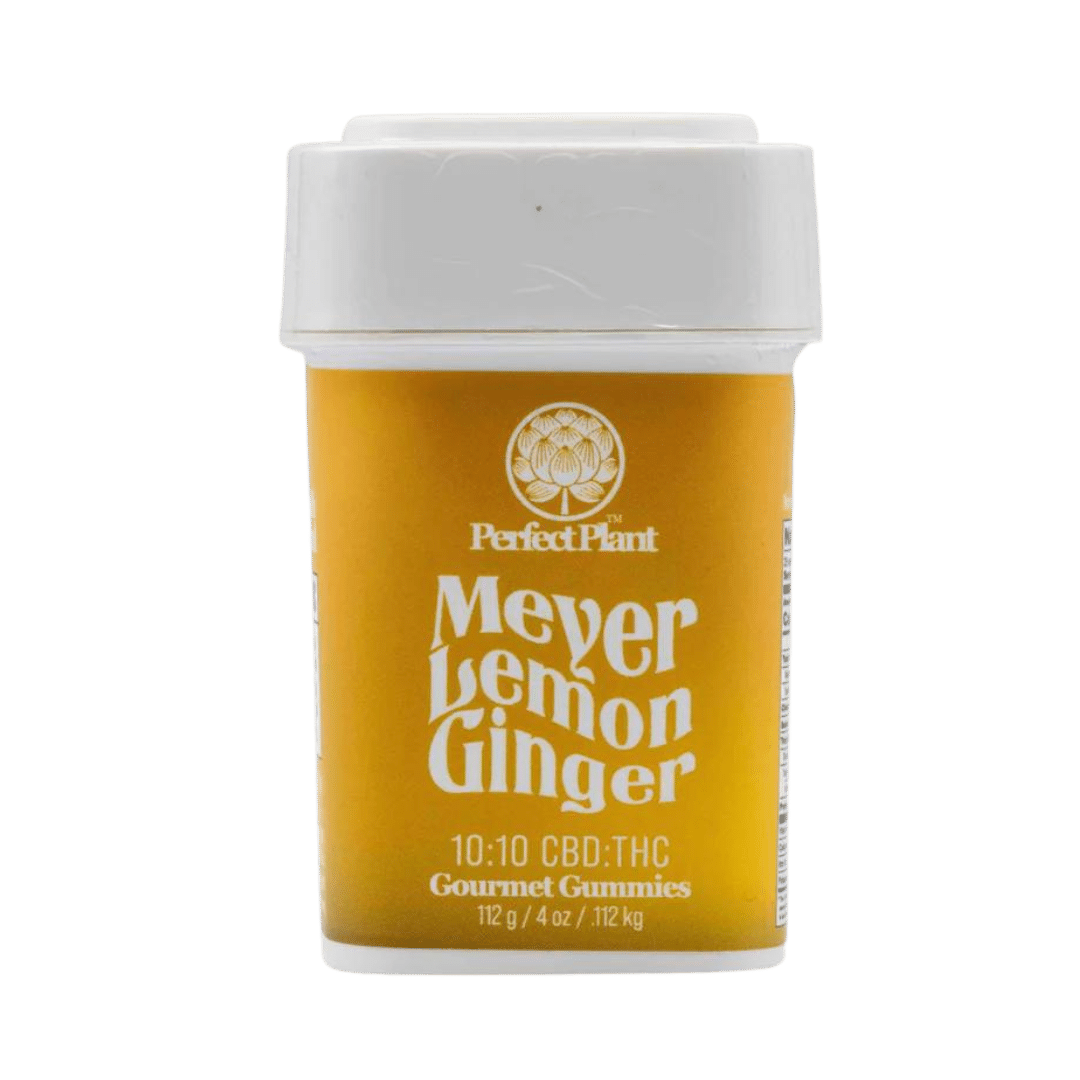 Meyer Lemon Ginger 10:10 gummies by Perfect Plant: 10mg THC, 10mg CBD for a balanced, relaxing experience. Order delivery from Consider It Flowers.