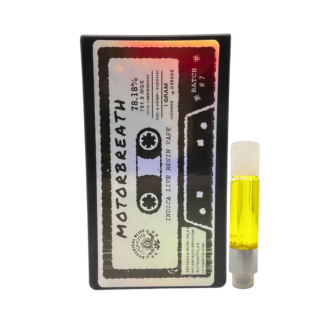 Motorbreath 1G Live Resin THCa cartridge by Botanical Bliss x Lifted & Gifted – indica strain with diesel flavor. Shop shipped carts today.