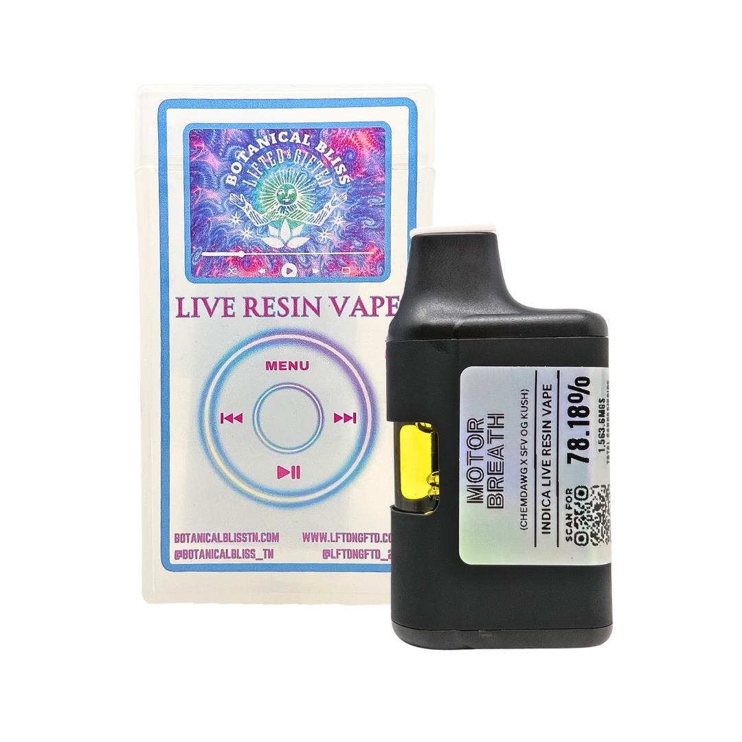 Motorbreath 2G Live Resin THCa disposable by Botanical Bliss x Lifted & Gifted – indica strain diesel flavor vape. Premium vapes shipped fast.