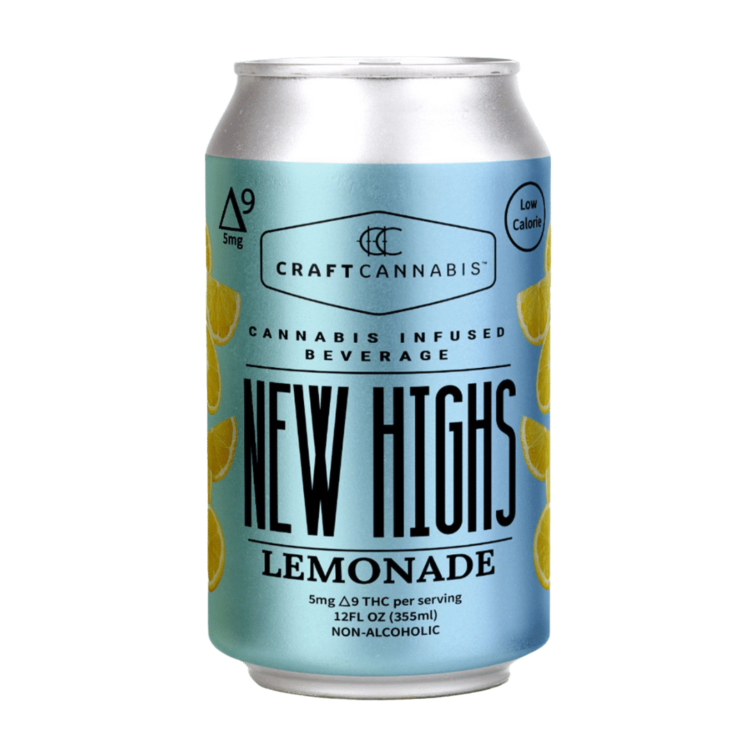 New Highs Lemonade delivers 5mg Delta-9 THC with tangy citrus flavor and uplifting effects. Lightly carbonated, low-calorie, and refreshing.