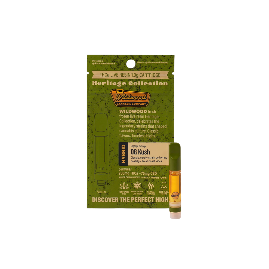 Wildwood OG Kush 1G live resin cartridge hybrid with gassy flavor. Shop online with shipping and Nashville delivery.