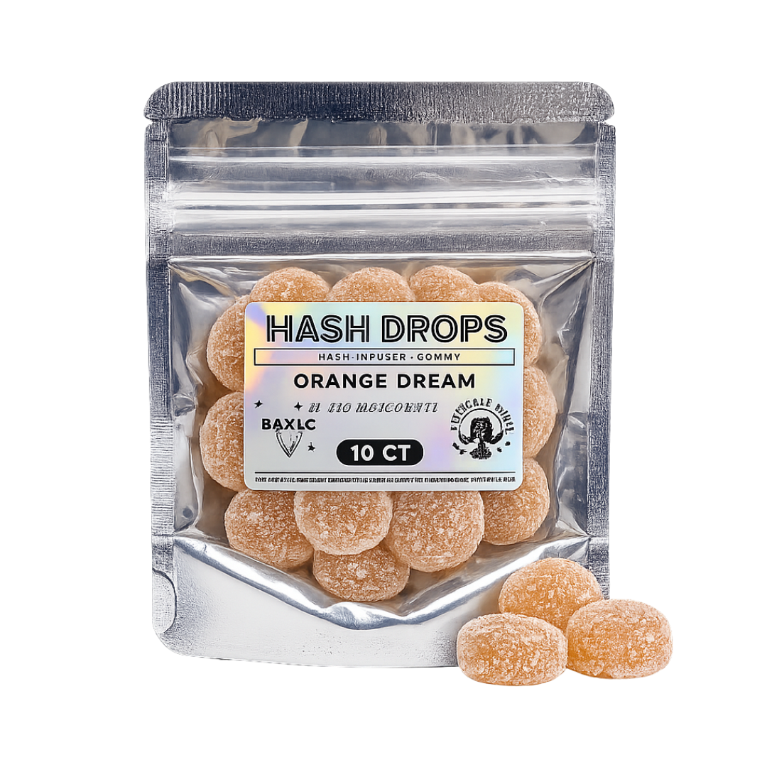 Orange Dream hash rosin gummies by BBXLG featuring 10 orange-flavored gummies infused with premium solventless hash rosin
