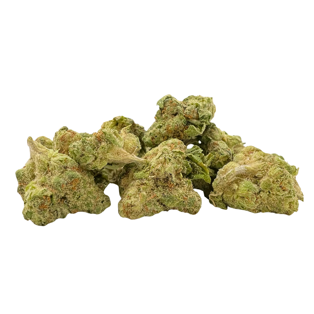 Papaya Bomb Private Reserve Smalls—tropical indica with melon-cherry flavor, golden trichomes, and calming, euphoric effects.