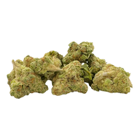 Papaya Bomb Private Reserve Smalls—tropical indica with melon-cherry flavor, golden trichomes, and calming, euphoric effects.