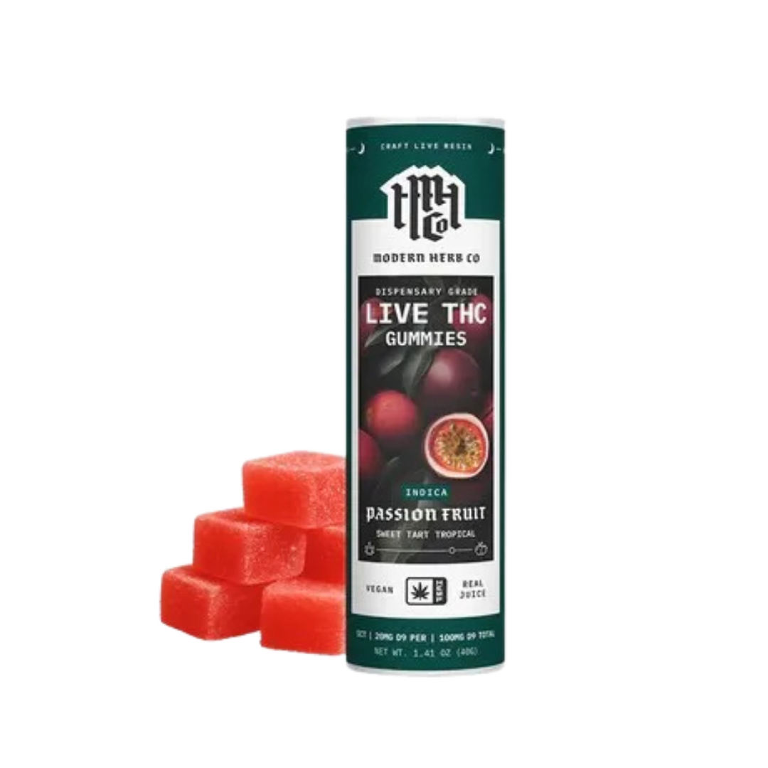 Modern Herb Co. Knockout Passionfruit Indica Gummies – 20mg THC each, infused with live resin for deep relaxation. Shop online now.