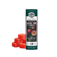 Modern Herb Co. Knockout Passionfruit Indica Gummies – 20mg THC each, infused with live resin for deep relaxation. Shop online now.