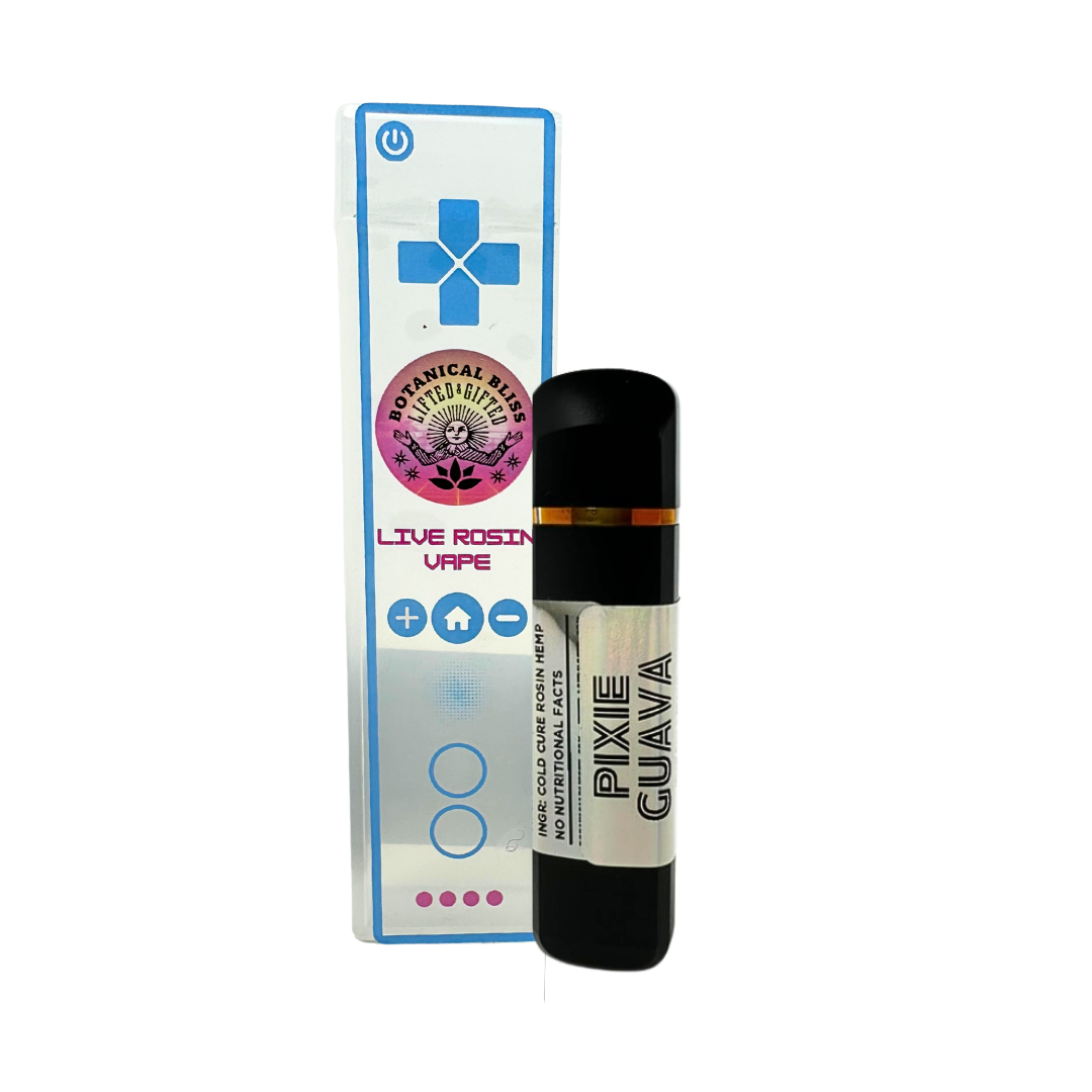 Pixie Guava .5G Live Rosin Vape by Botanical Bliss x Lifted & Gifted. Tropical sativa with guava and candy notes