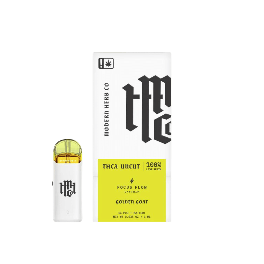 Pure THCA live resin for Golden Goat effects. Rechargeable battery and pod by Modern Herb Co. Enjoy tangy flavors. Shop now!