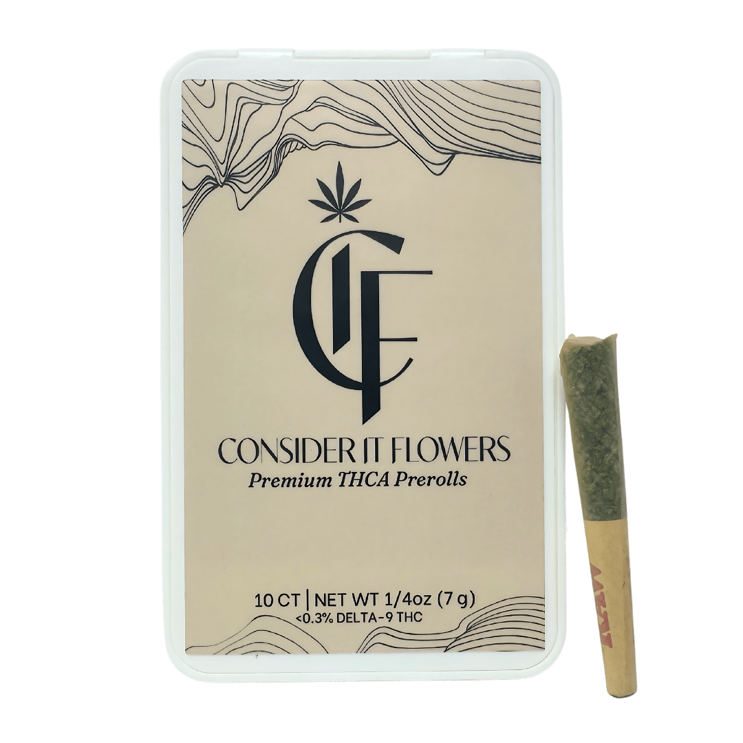 Box of 10 THCA prerolls, each with .7g of Premium THCA flower. Delivered in 90 min by Consider It Flowers.