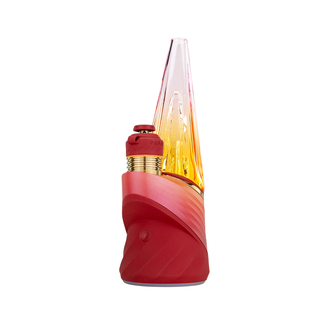Gradient red and orange Puffco Peak Pro 3DXL smart rig in Limited Edition Daybreak with fluted hand-blown glass and gold chamber, shop now at Consider It Flowers. 