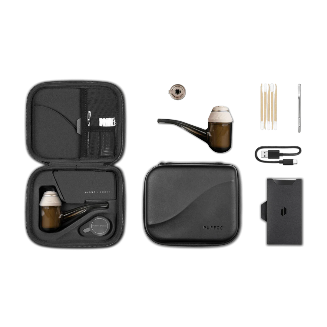 Puffco Proxy Kit in Desert collection of vaping and smoking accessories including a black carrying case, proxy pipe, and electronic devices sold by Consider It Flowers. 