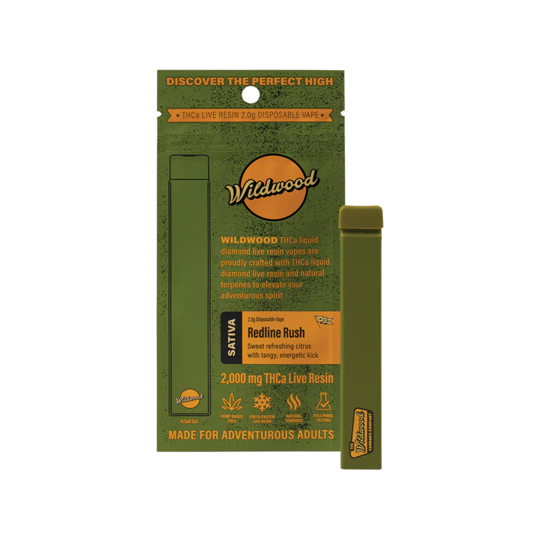 Woodstock Redline Rush Sativa vape with 2g THCa live resin, featuring citrus flavor and energetic effects. Shop discreet delivery today.